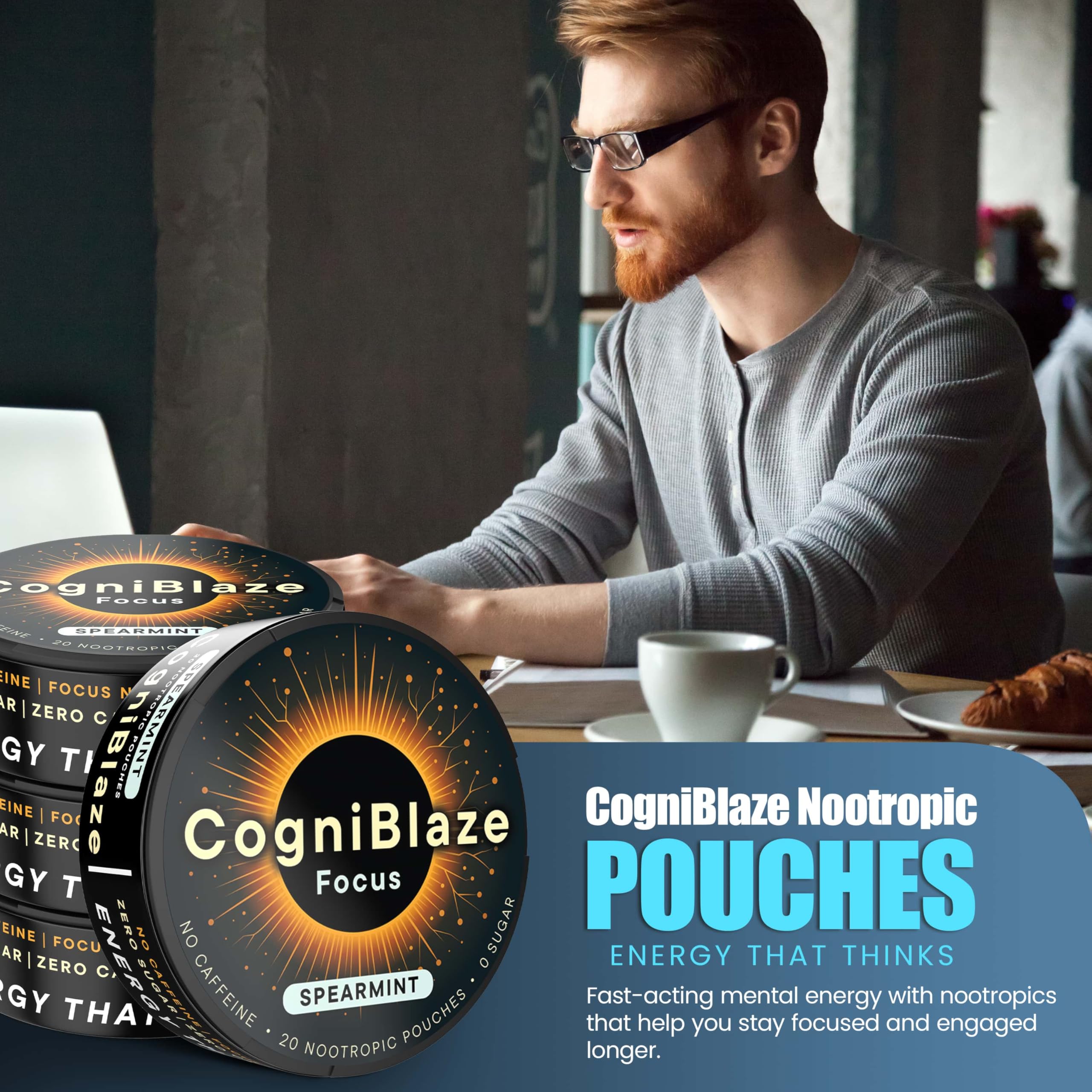 CogniBlaze label close-up showing premium blend and ingredients.