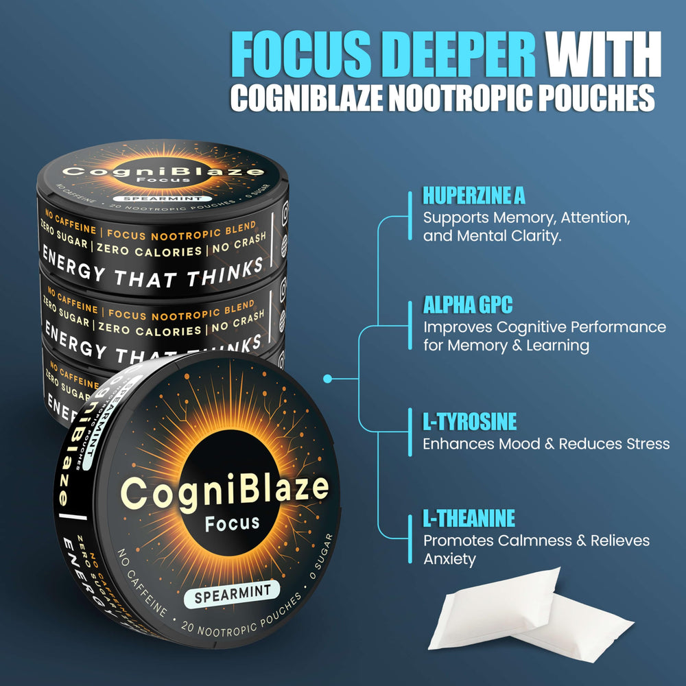 CogniBlaze pouch mouth-absorption illustration emphasizing quick delivery.