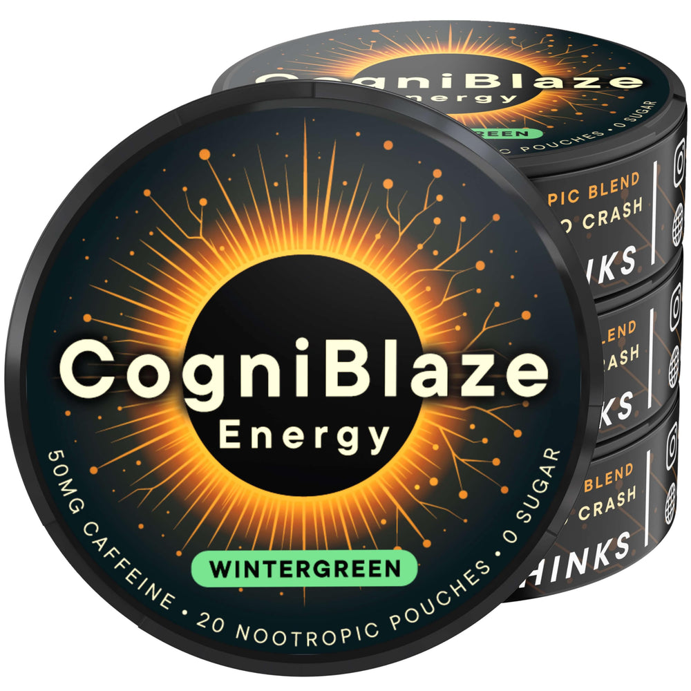 CogniBlaze Wintergreen pouch front view for steady energy on the go