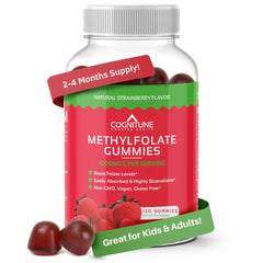 CogniTune L-Methylfolate Gummies bottle closeup highlighting strawberry flavor for daily brain support.
