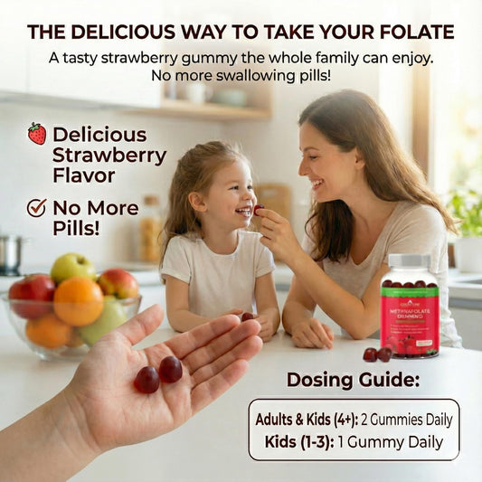CogniTune L-Methylfolate Gummies strawberry flavor closeup showing kid-friendly dosage.