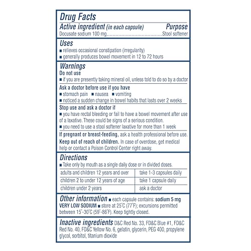 Colace 100mg capsules closeup illustrating a non-stimulant stool softener for comfortable passage.