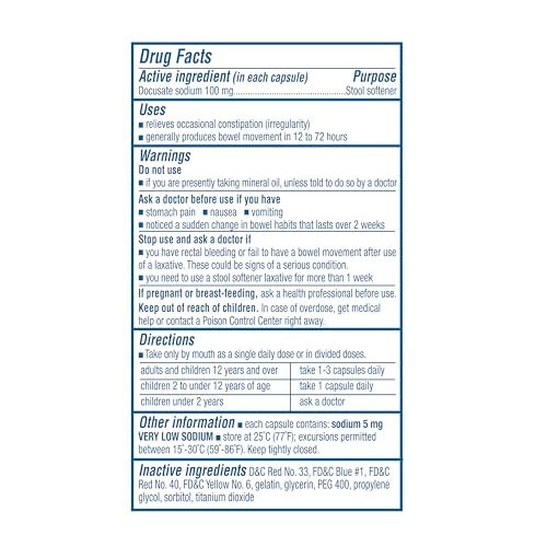 Colace 100mg capsules closeup highlighting non-stimulant, gentle relief option