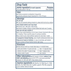 Colace 100mg capsules closeup illustrating a non-stimulant stool softener for comfortable passage.