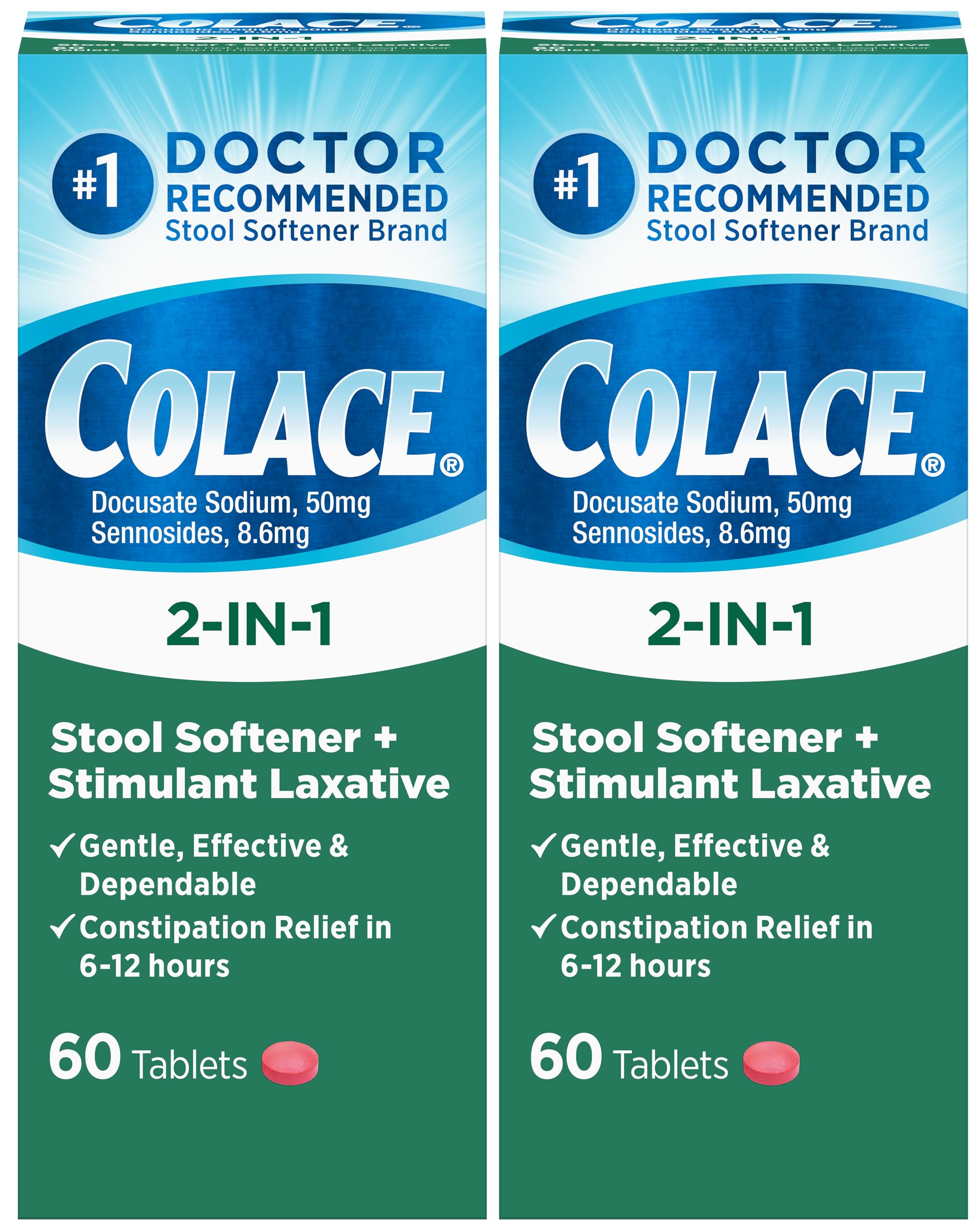 Colace 2-in-1 bottle front view shows dual-action stool softener and laxative for overnight relief.
