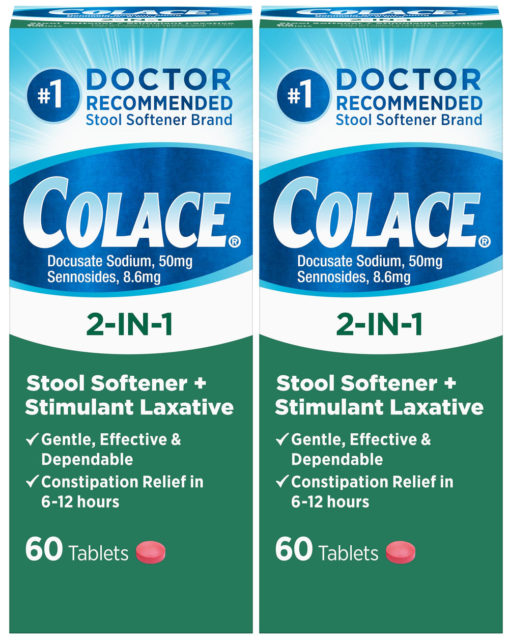 Colace 2-in-1 bottle front view shows dual-action stool softener and laxative for overnight relief.
