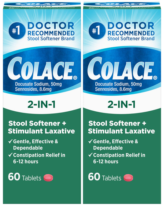 Colace 2-in-1 bottle front view shows dual-action stool softener and laxative for overnight relief.