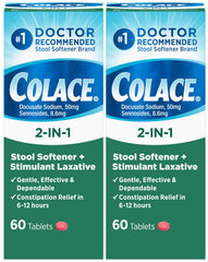 Colace 2-in-1 bottle front view shows dual-action stool softener and laxative for overnight relief.