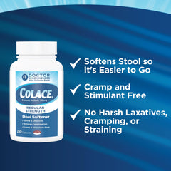 Colace bottle and carton display emphasizing trusted, long-standing stool softener brand.