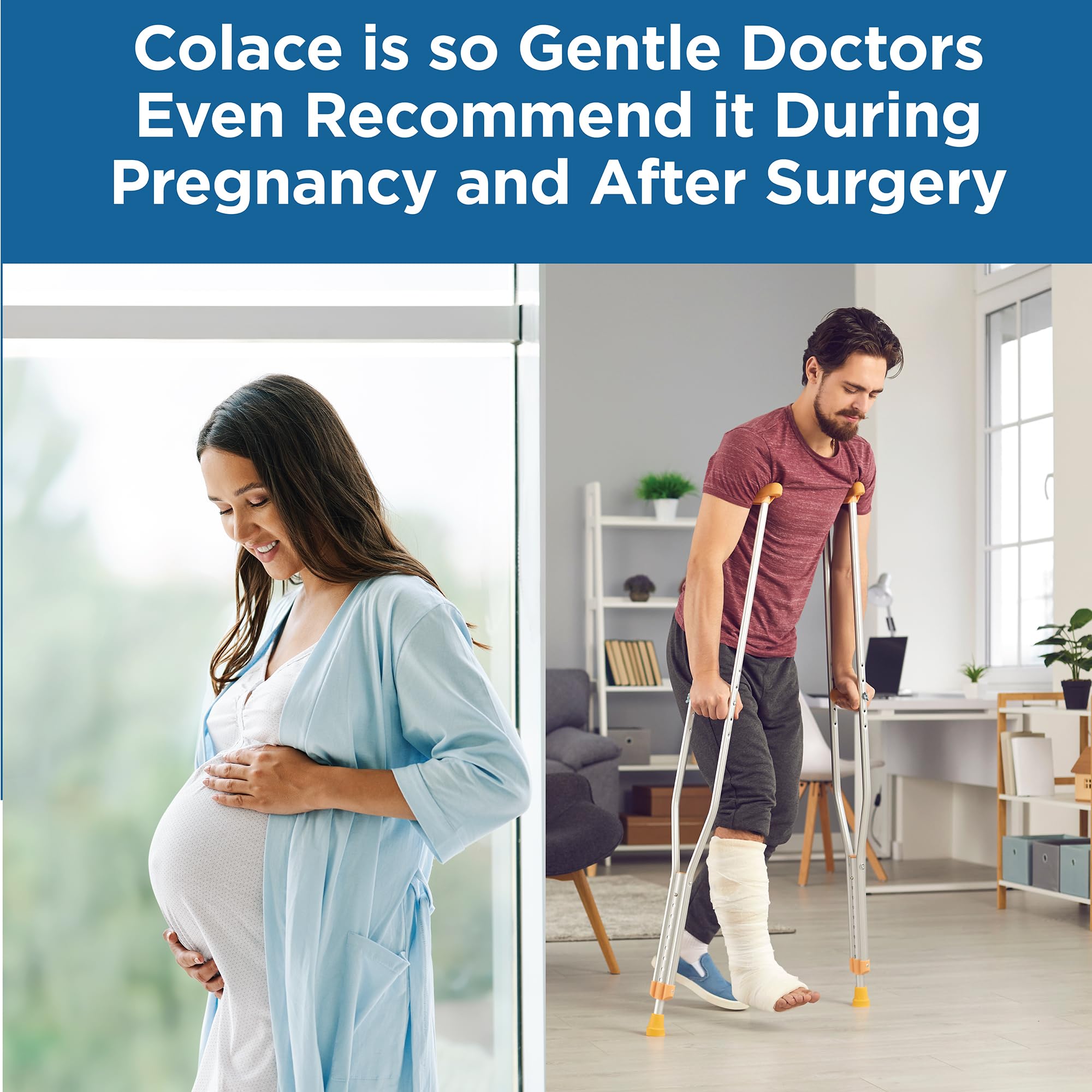 Colace bottle side-view focusing on 100 mg dosage and non-stimulant formula.