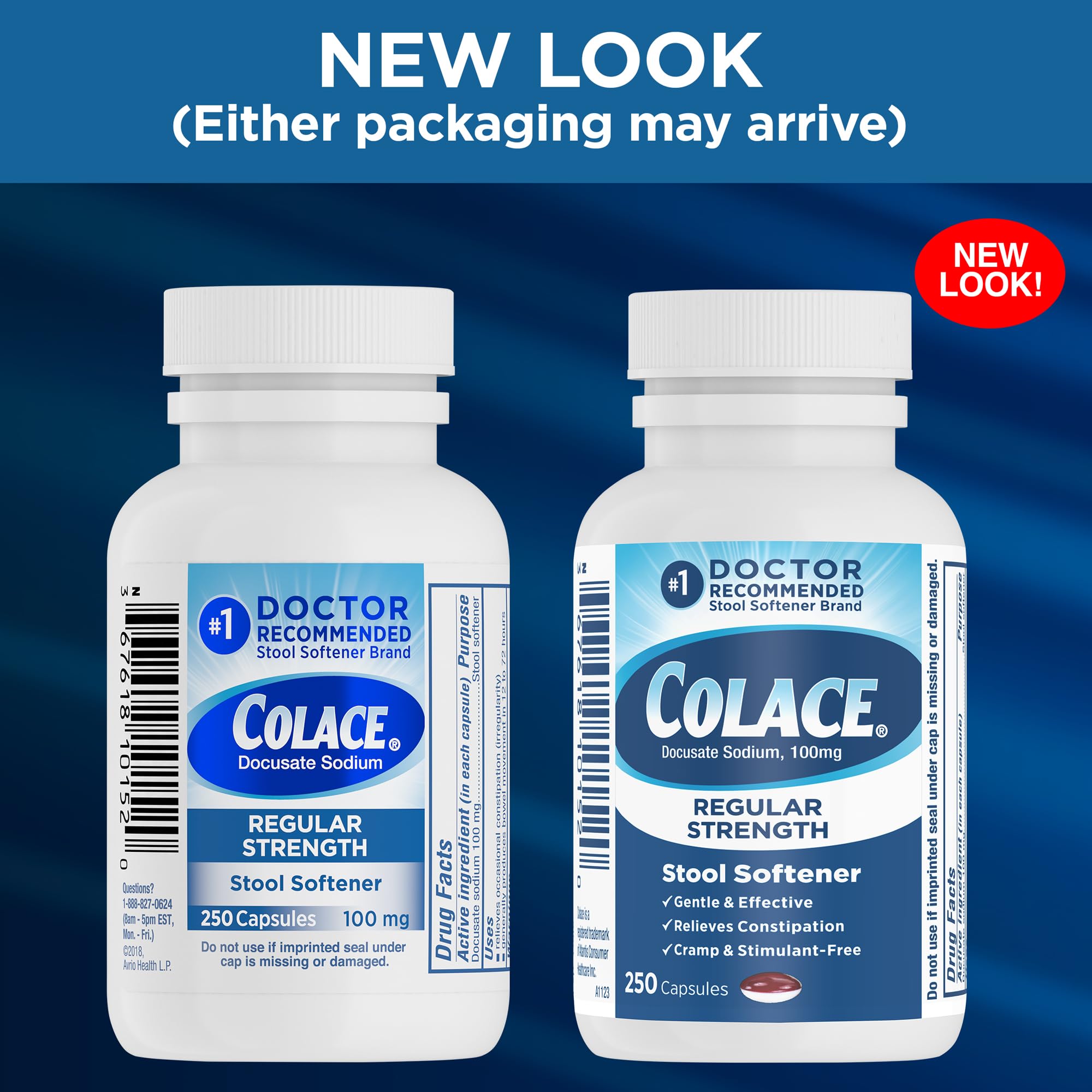 Colace bottle with label visible highlighting doctor-recommended constipation relief.