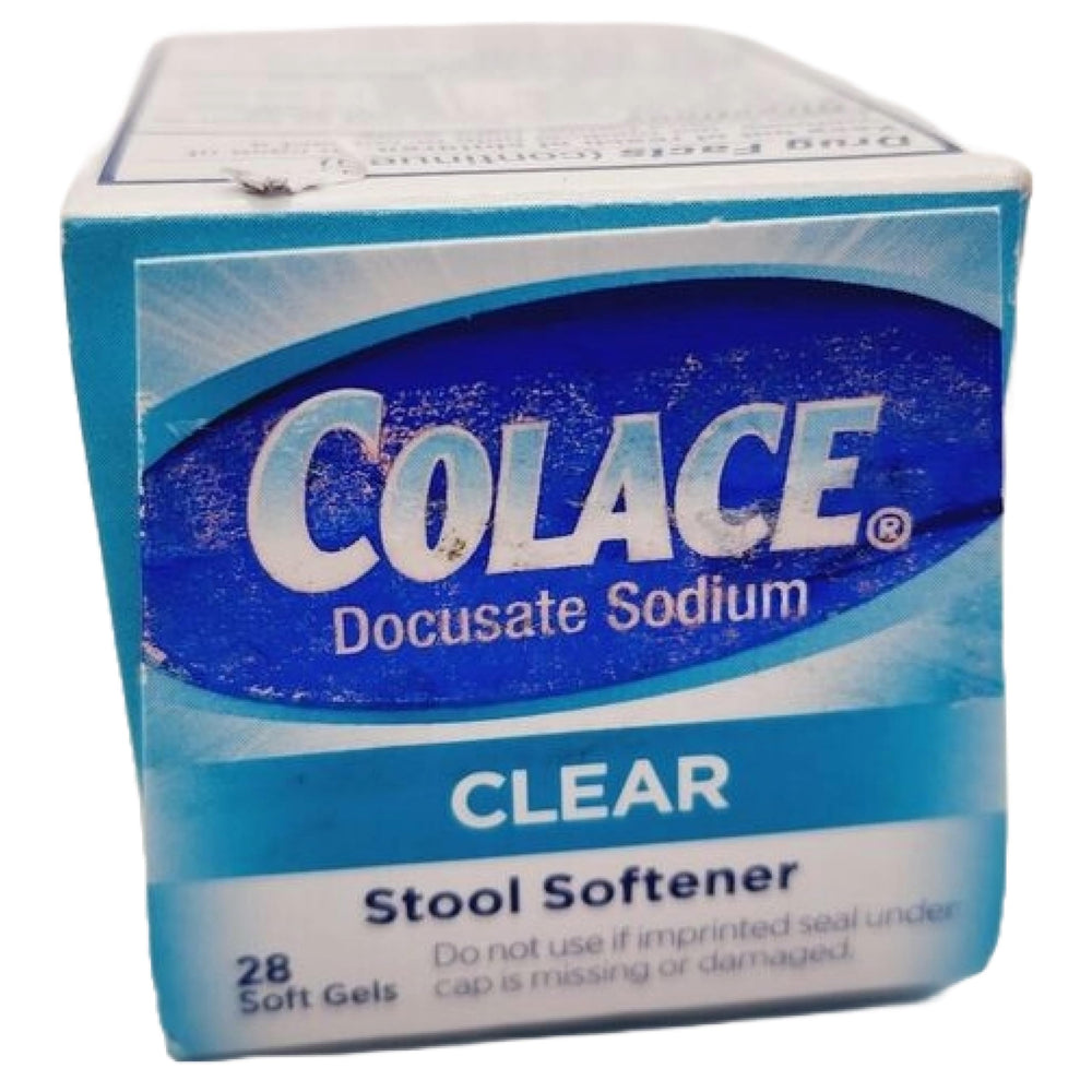 Colace Clear capsules close-up highlighting soft gel texture for easy swallowing.