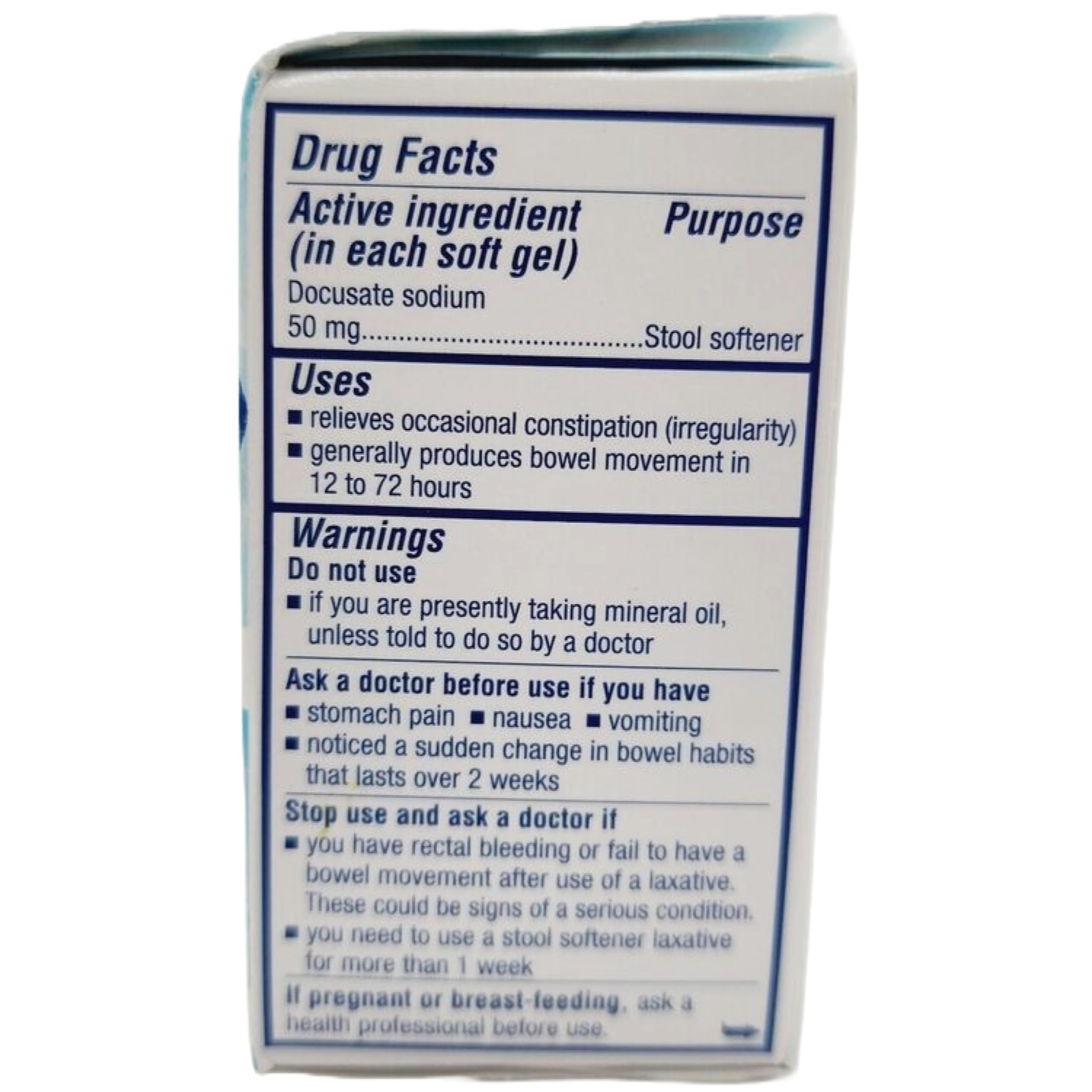 Colace Clear bottle back displays dosing information for easy at-home use.