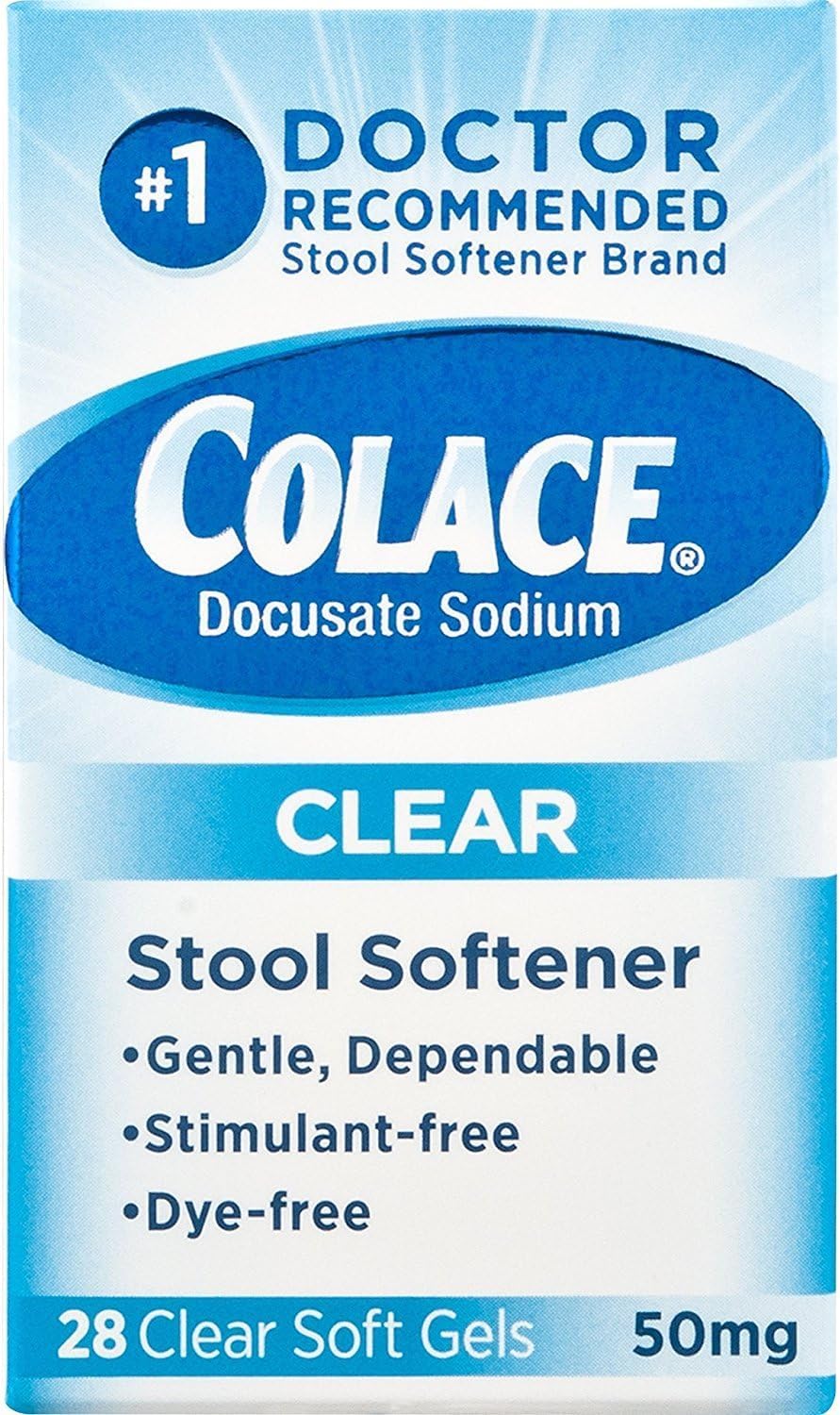 Colace Clear bottle front view shows 50 mg docusate capsules for gentle relief.
