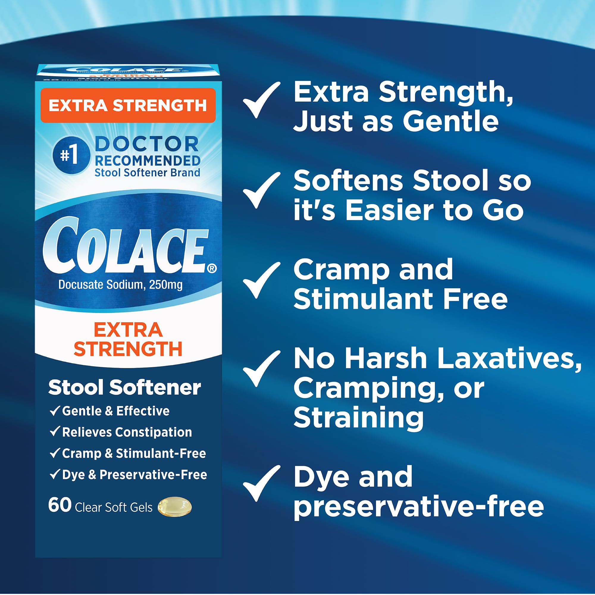Doctor-recommended Colace badge on packaging communicates trusted, gentle support.