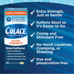 Doctor-recommended Colace badge on packaging communicates trusted, gentle support.