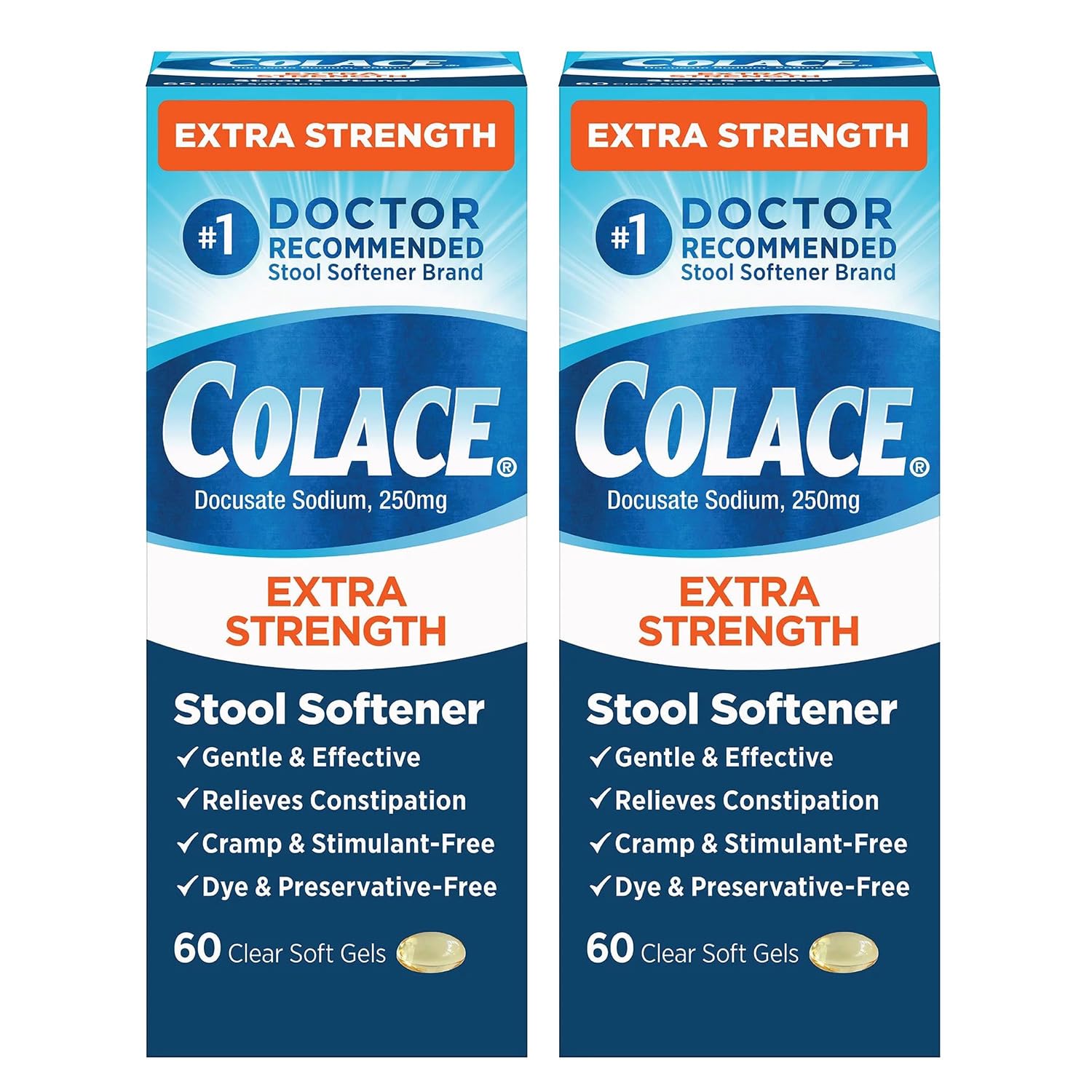 Colace extra strength stool softener bottle with label shows dosage and branding for easy identification.
