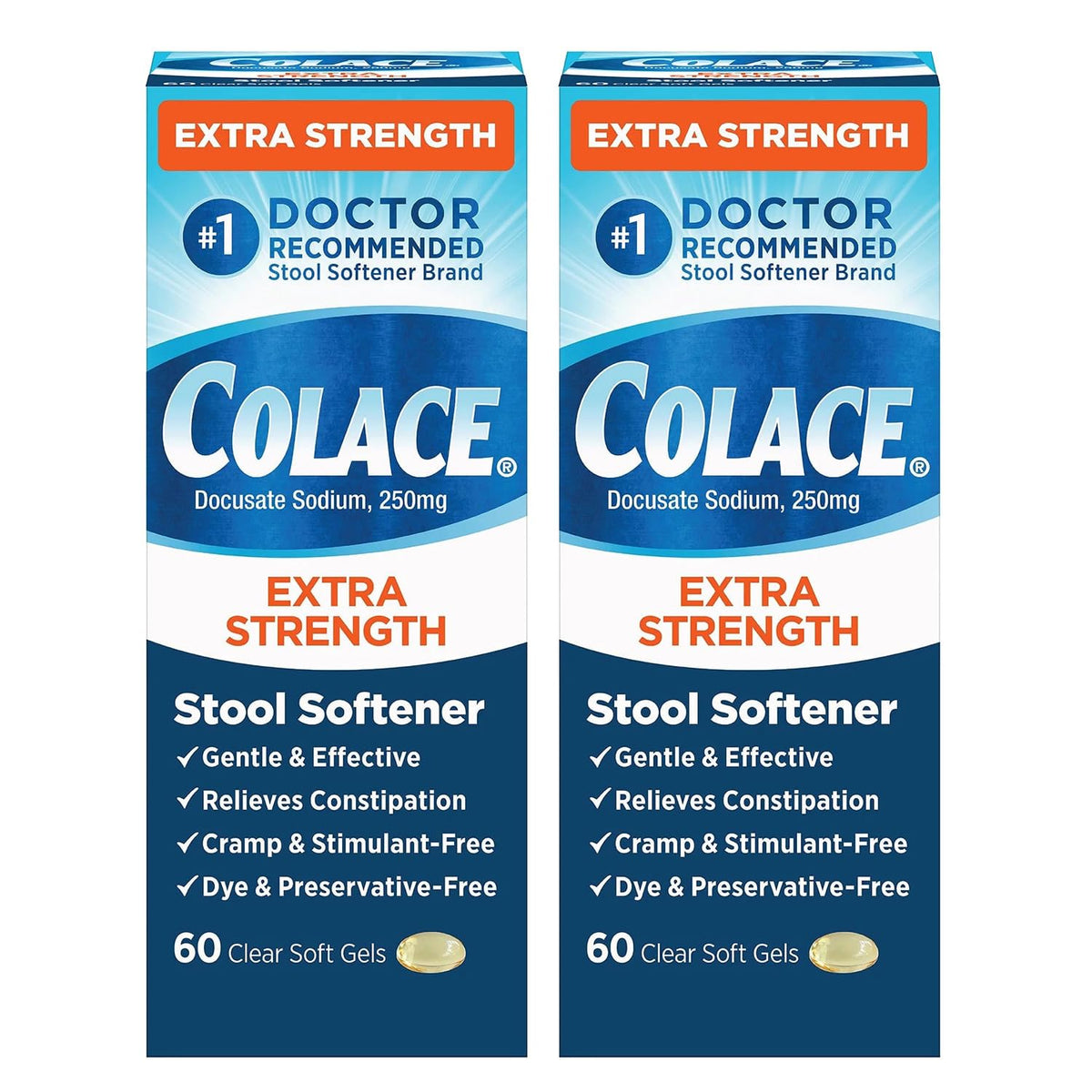 Colace extra strength stool softener bottle with label shows dosage and branding for easy identification.