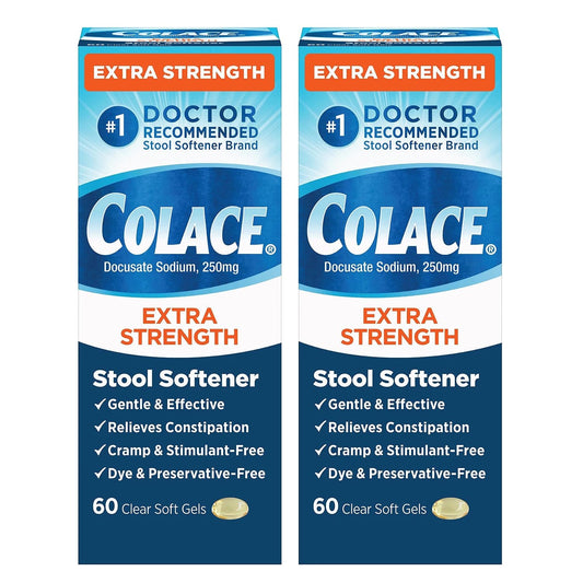 Colace extra strength stool softener bottle with label shows dosage and branding for easy identification.