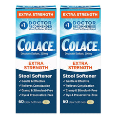 Colace extra strength stool softener bottle with label shows dosage and branding for easy identification.