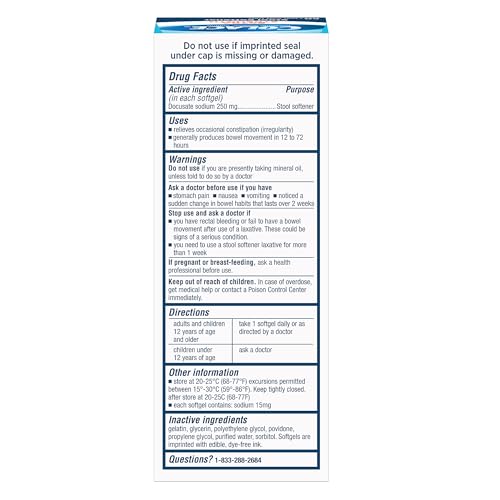 Colace capsules close-up, 250 mg docusate sodium, designed for gentle constipation relief.