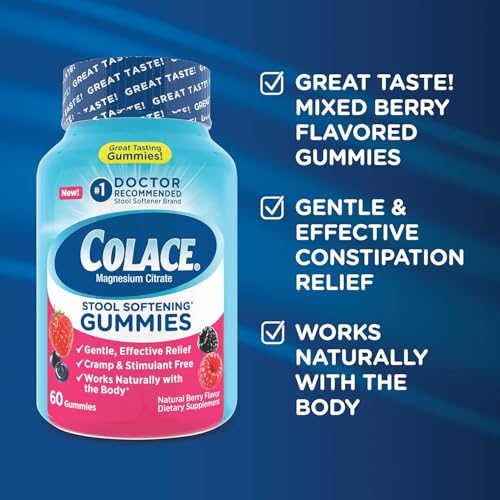 Colace Gummies berry flavor close-up emphasizes tasty, easy-to-use support.