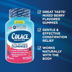 Colace Gummies berry flavor close-up emphasizes tasty, easy-to-use support.