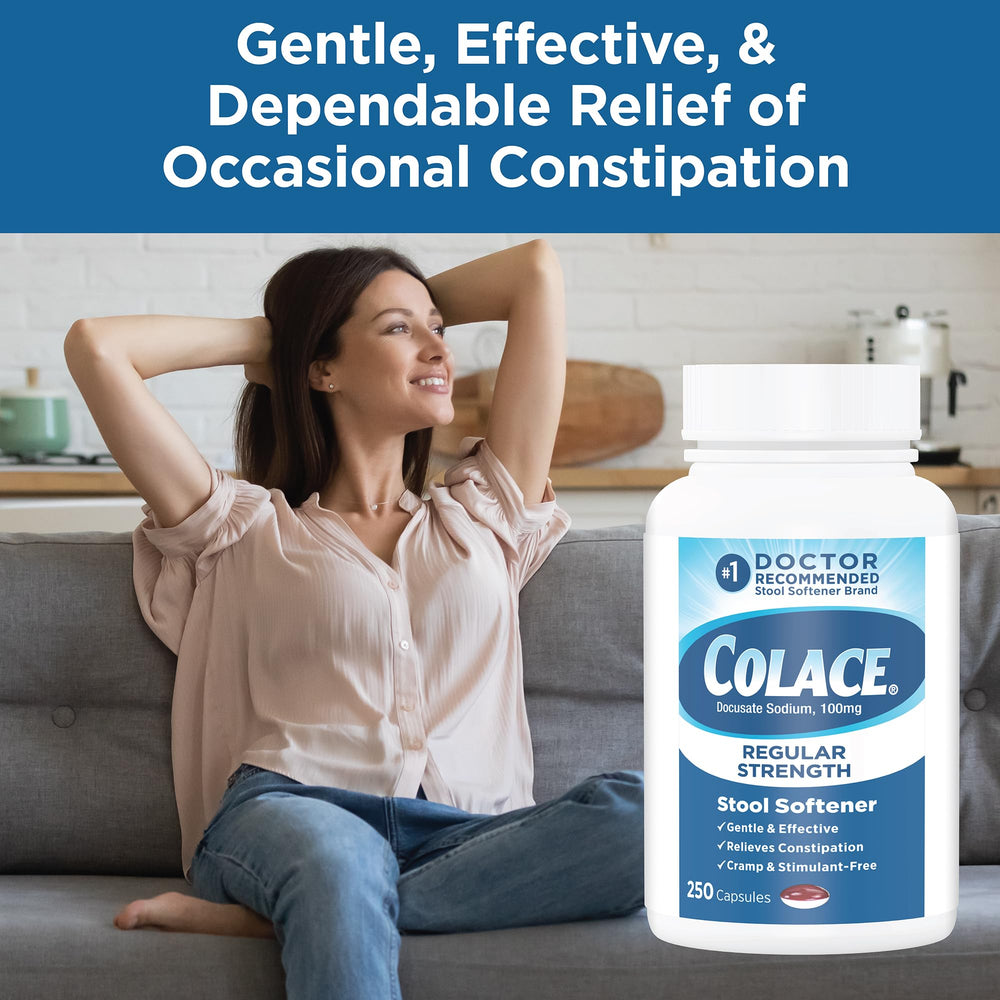 Colace label detail image showing active ingredient docusate sodium for stool softening.