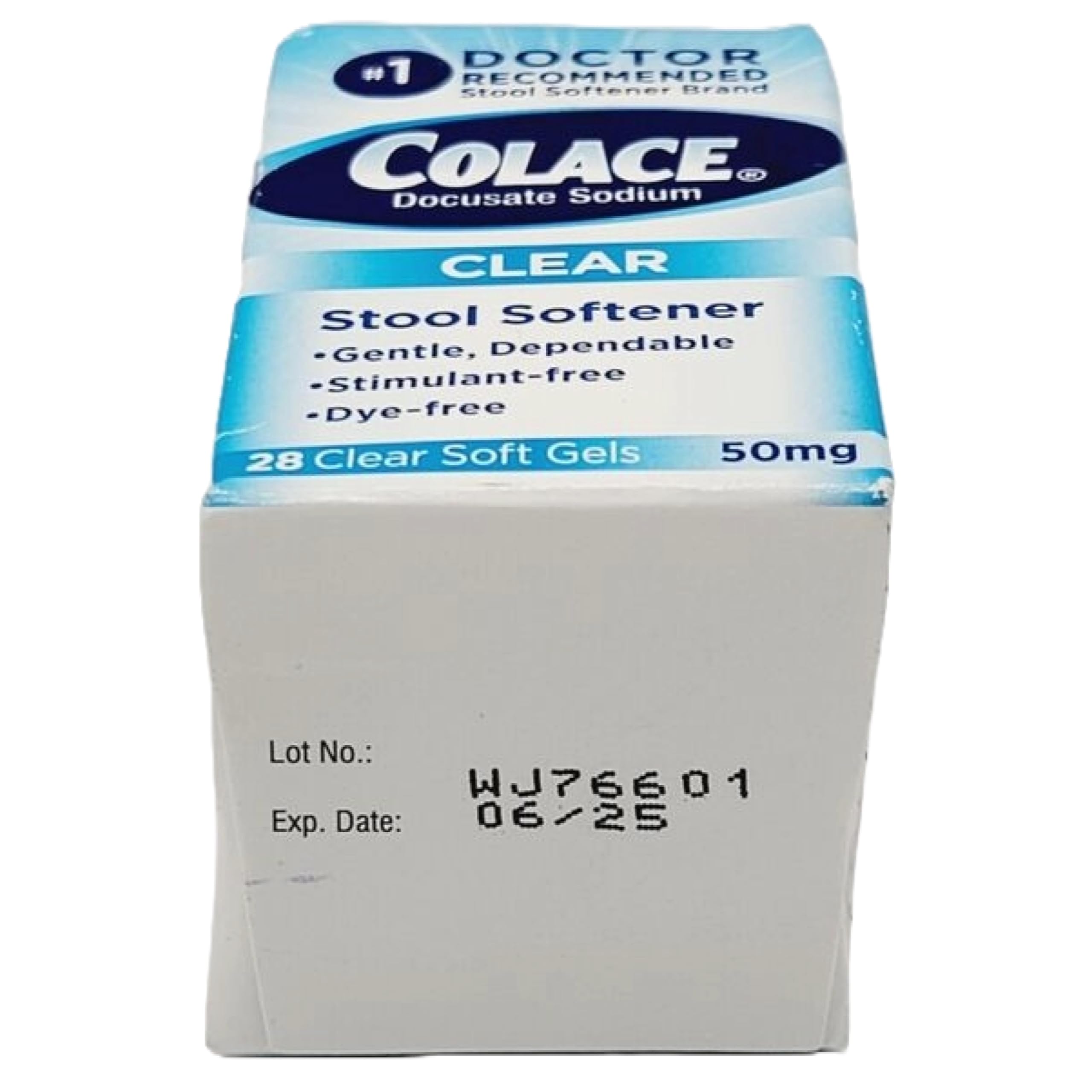 Colace label shows 50 mg dosage per capsule for reference.