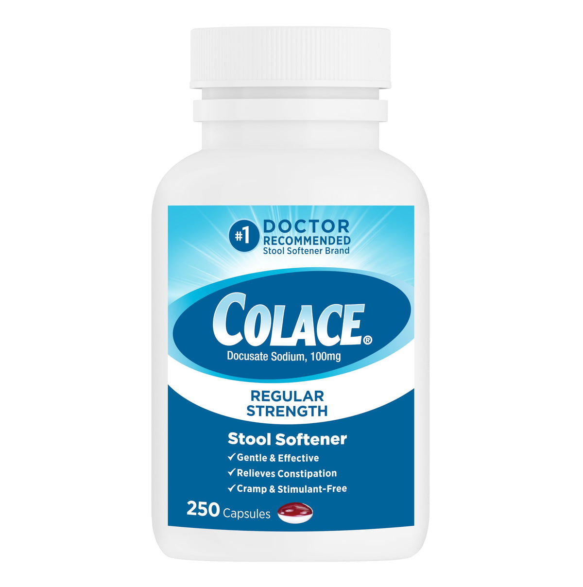 Colace Regular Strength bottle packaging shown for easy, gentle constipation relief.