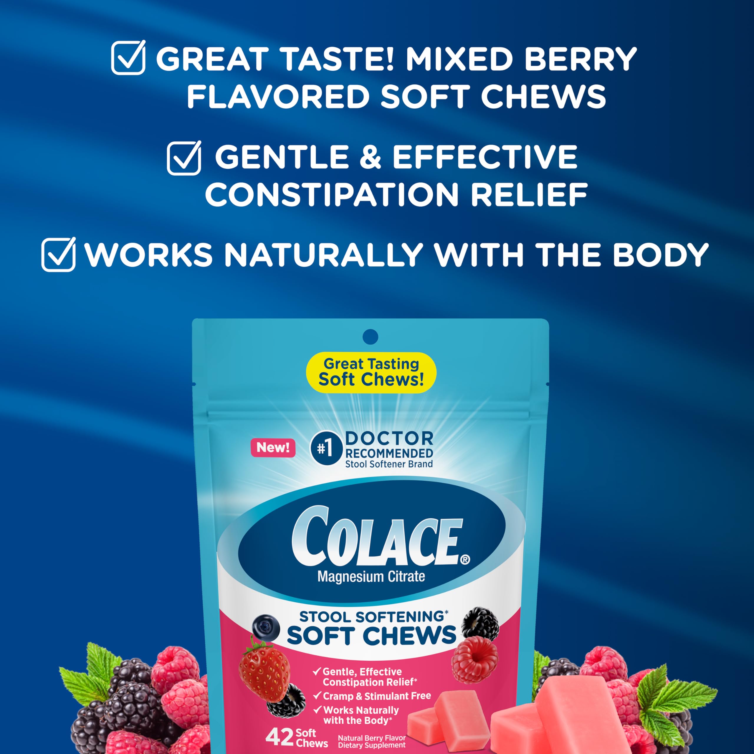 Colace soft chews close-up of berry chews highlighting tasty, stimulant-free relief