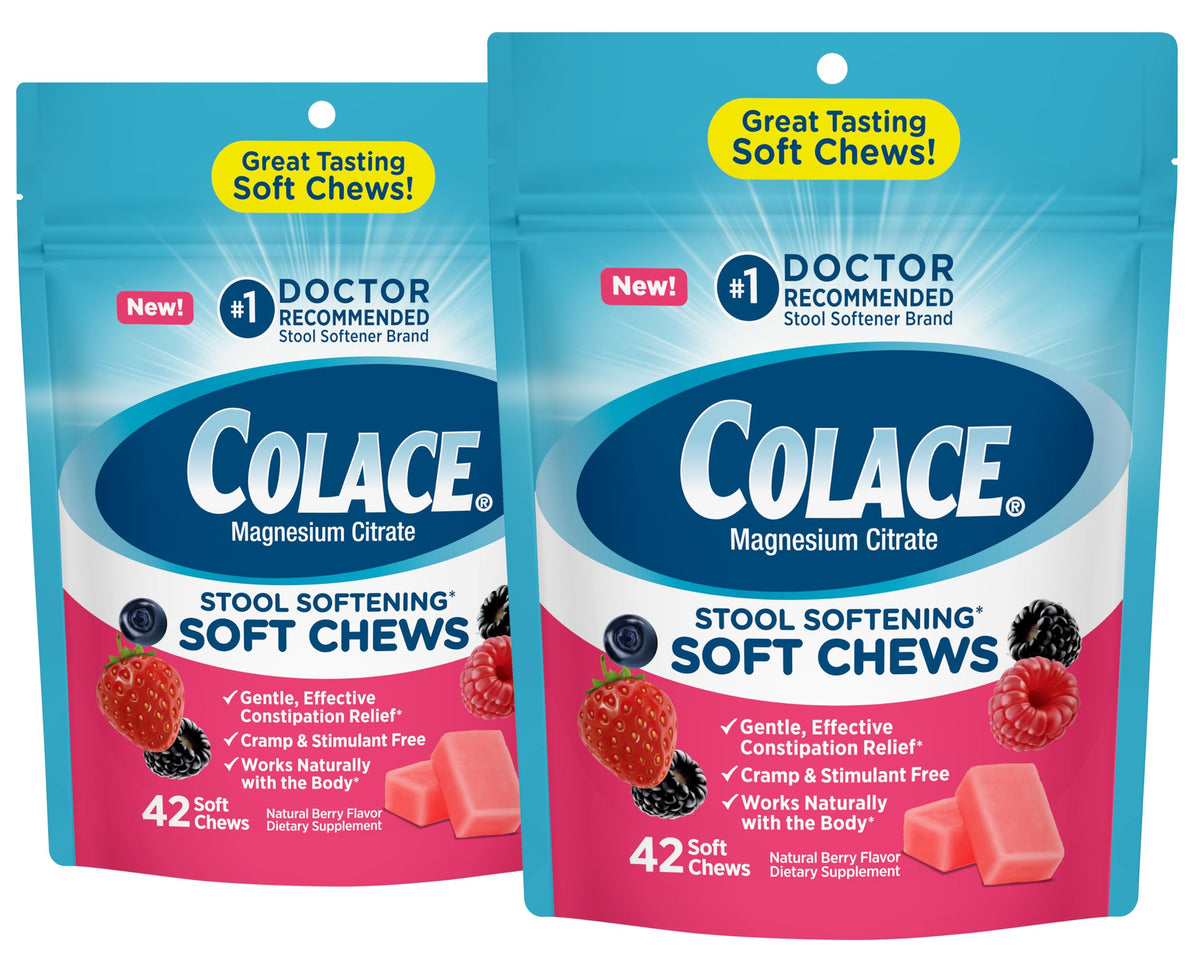 Colace soft chews bottle front showing mixed berry flavor for gentle relief