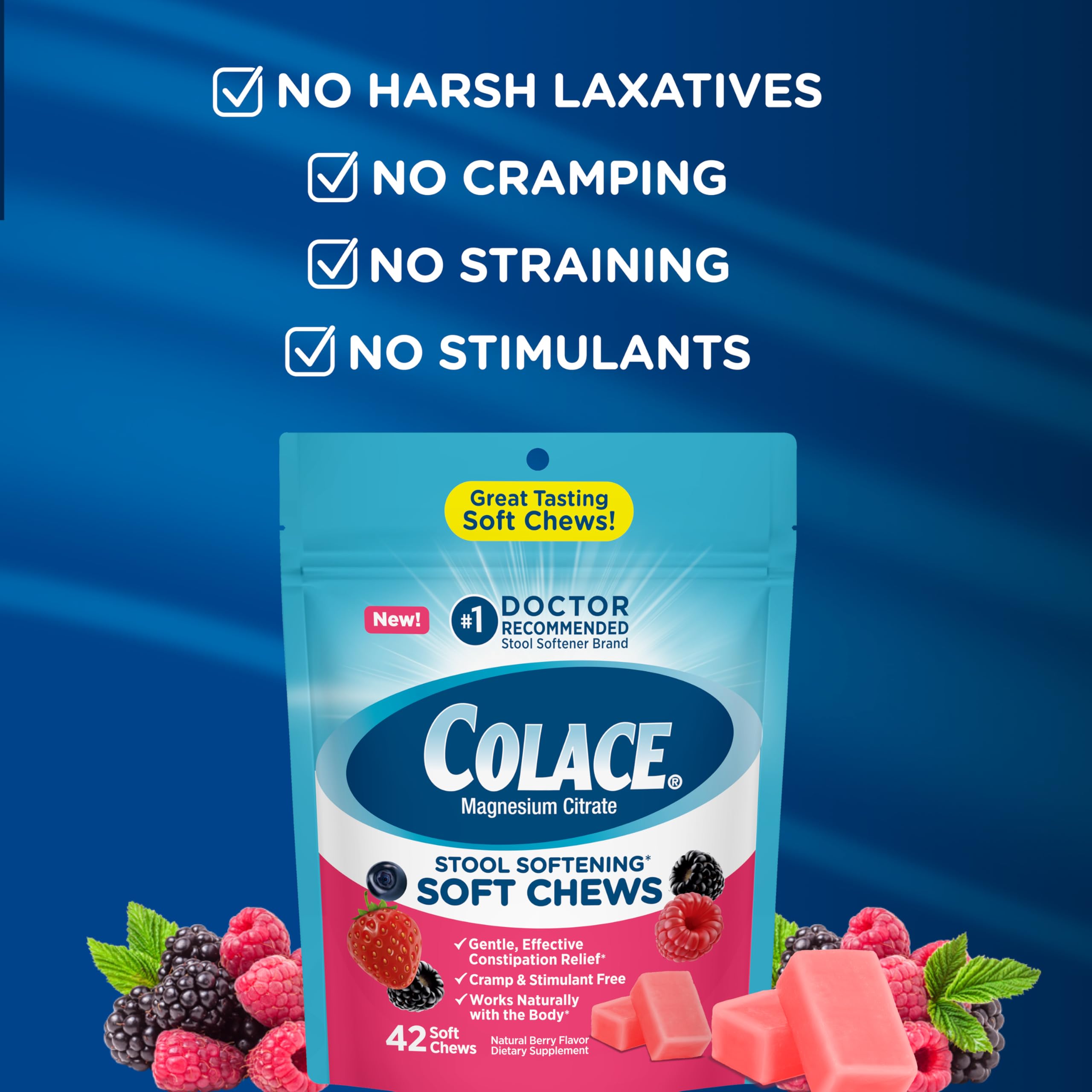 Colace soft chews dosage and packaging showing two 42-count bottles