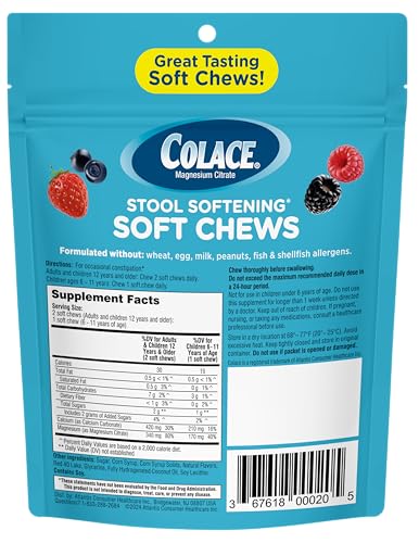 Colace soft chews packaging back with usage and benefits