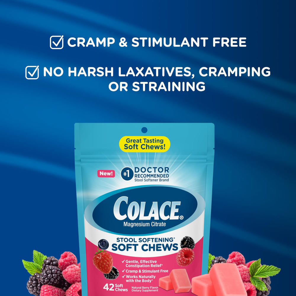 Colace soft chews travel pack image ideal for on-the-go relief