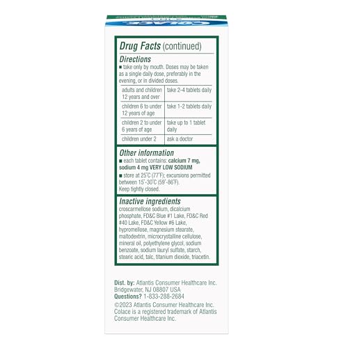 Colace tablets close-up showing two-in-one formula for gentle, overnight constipation support.