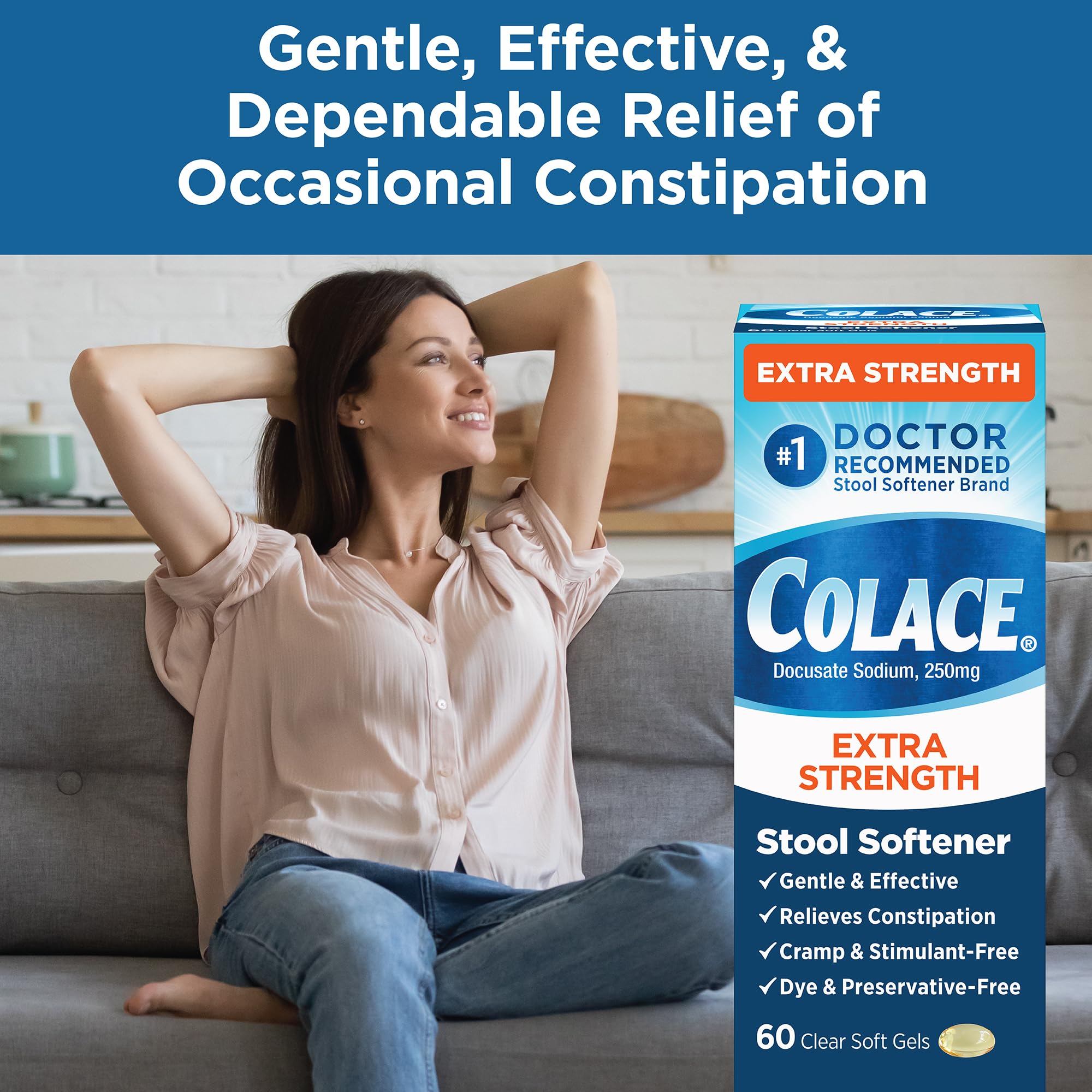 Adult taking Colace pill suggests seamless daily routine for comfortable passages.