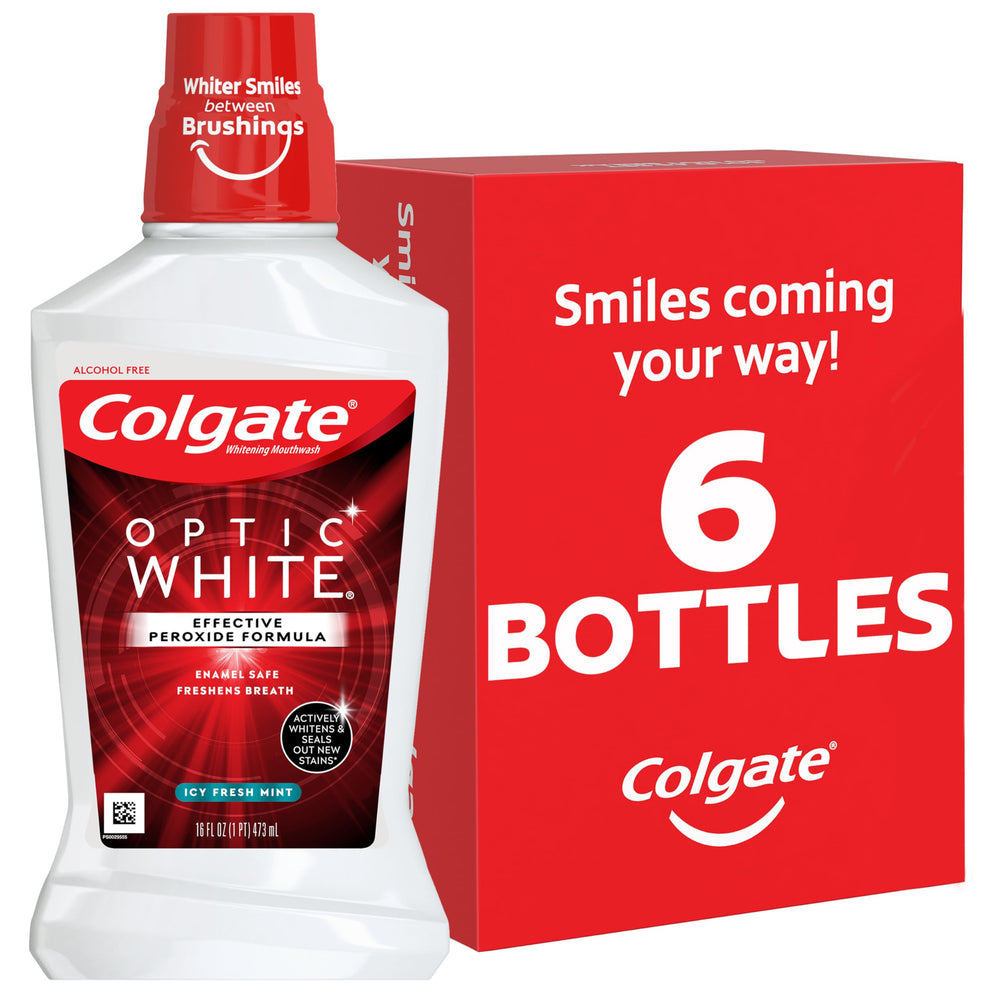 Colgate Optic White mouthwash bottle in fresh mint flavor for whitening.