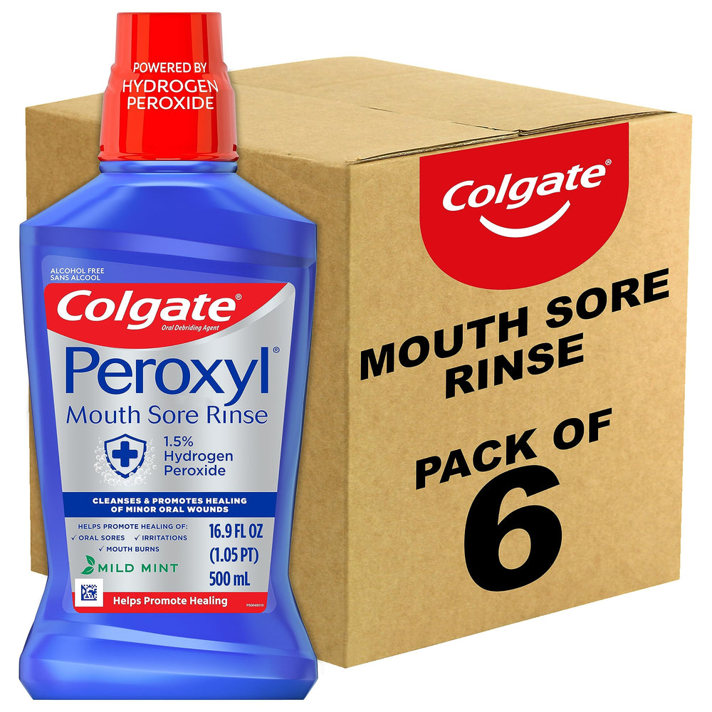 Colgate Peroxyl mouthwash bottle with mild mint for minor oral sores and irritation.