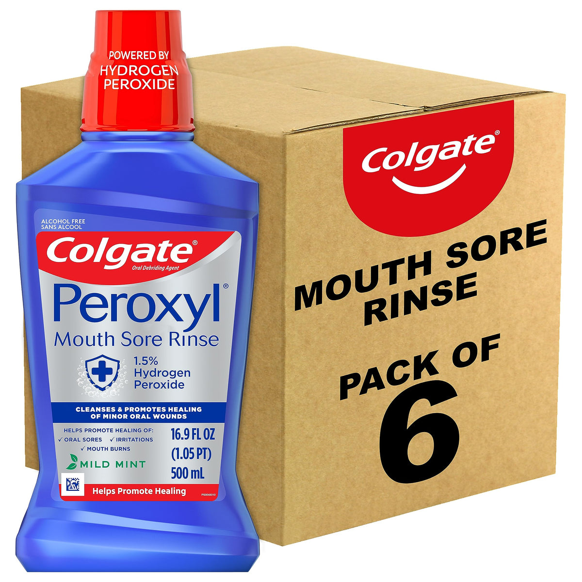 Colgate Peroxyl mouthwash bottle with mild mint for minor oral sores and irritation.