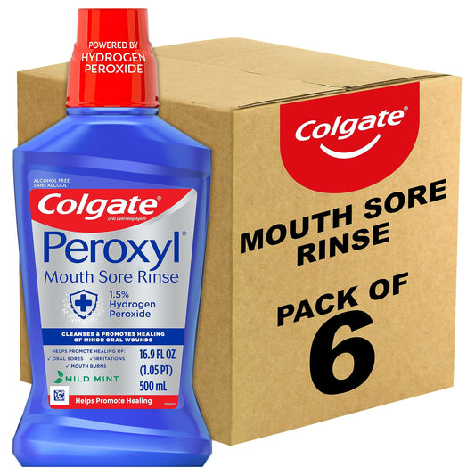 Colgate Peroxyl mouthwash bottle with mild mint for minor oral sores and irritation.
