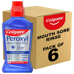 Colgate Peroxyl mouthwash bottle with mild mint for minor oral sores and irritation.