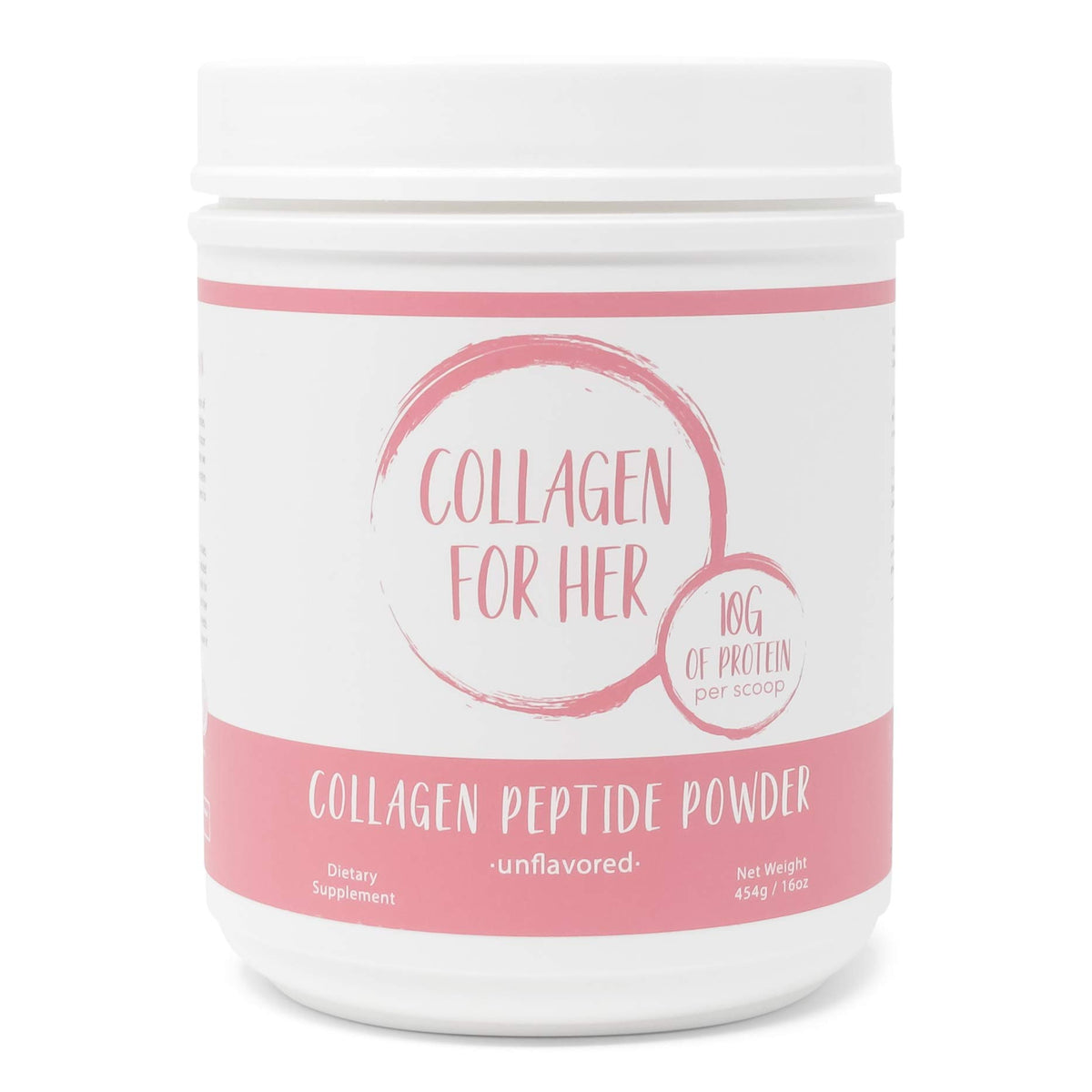 Collagen For Her unflavored powder bottle ideal for daily smoothies.