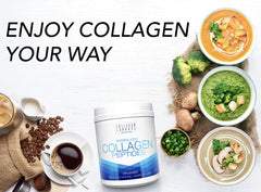 Collagen Laborés dissolving powder in glass highlights quick blending and versatile mixing