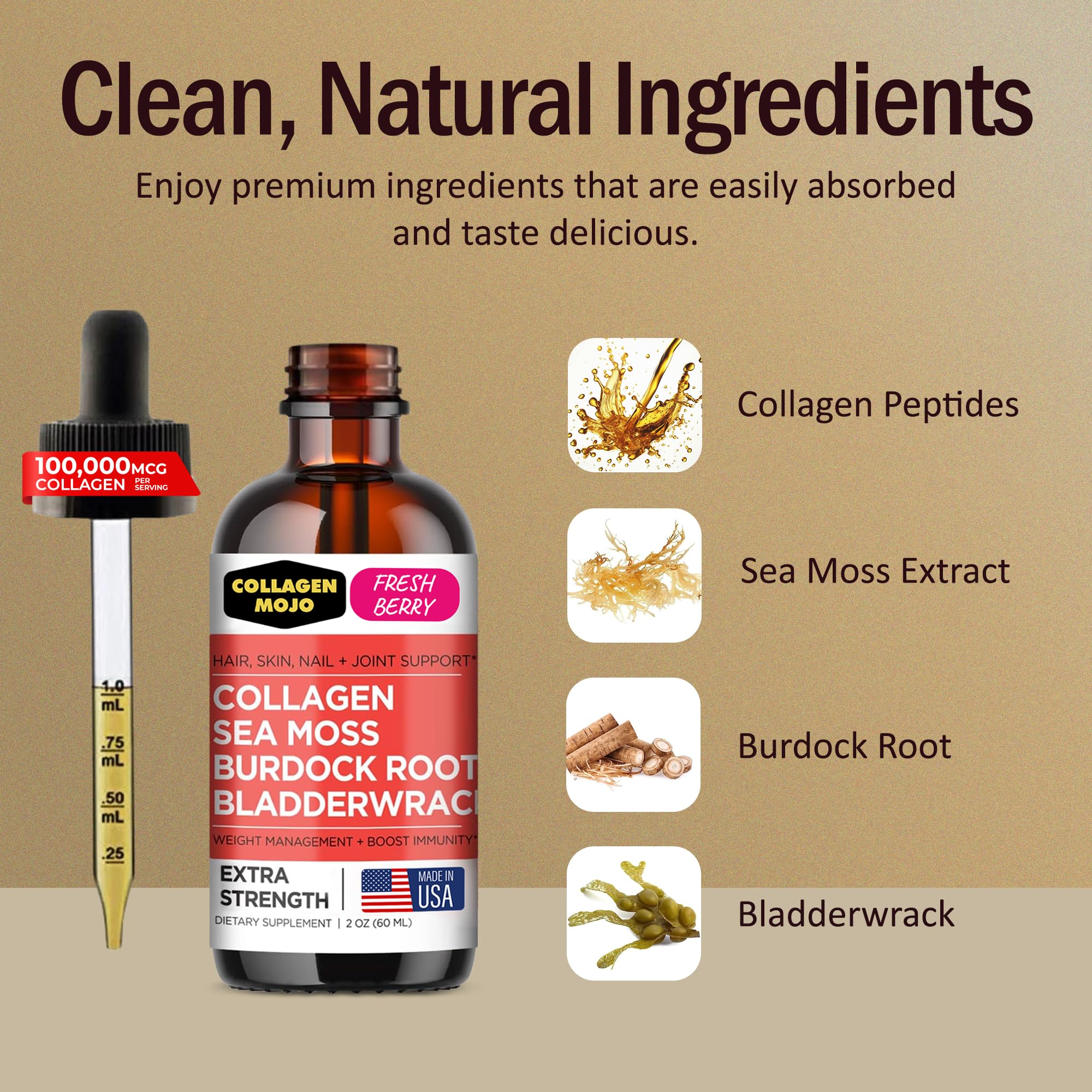 Collagen Mojo bottle and dropper close-up highlighting premium formula