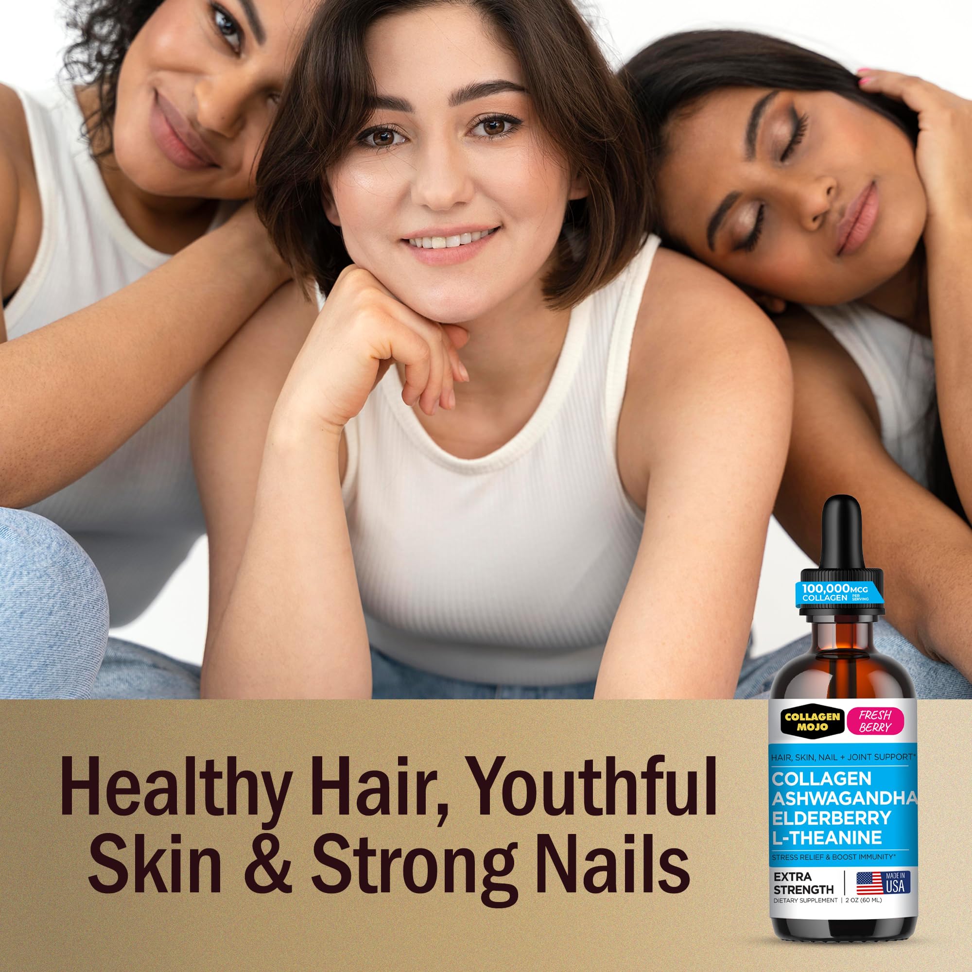 Collagen Mojo drops on skin closeup suggests potential skin hydration support.