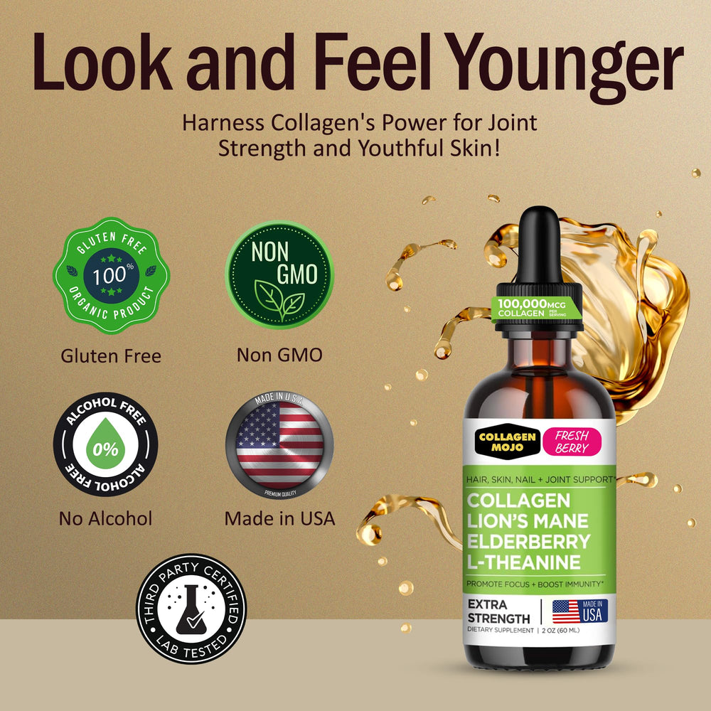 Collagen Mojo elderberry antioxidant blend supports daily wellness routine.