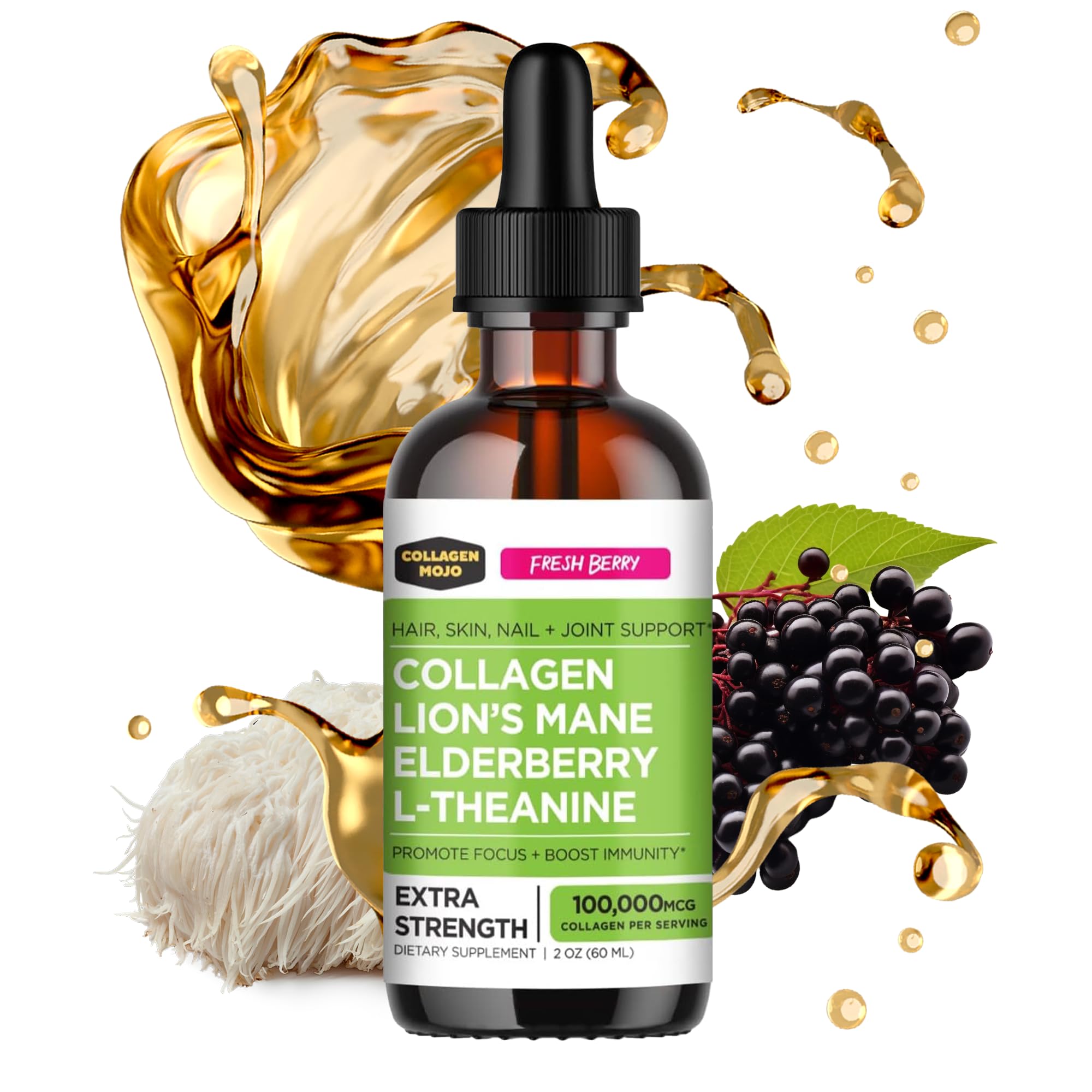 Collagen Mojo bottle with berry-flavored liquid drops for daily beauty and joint support.
