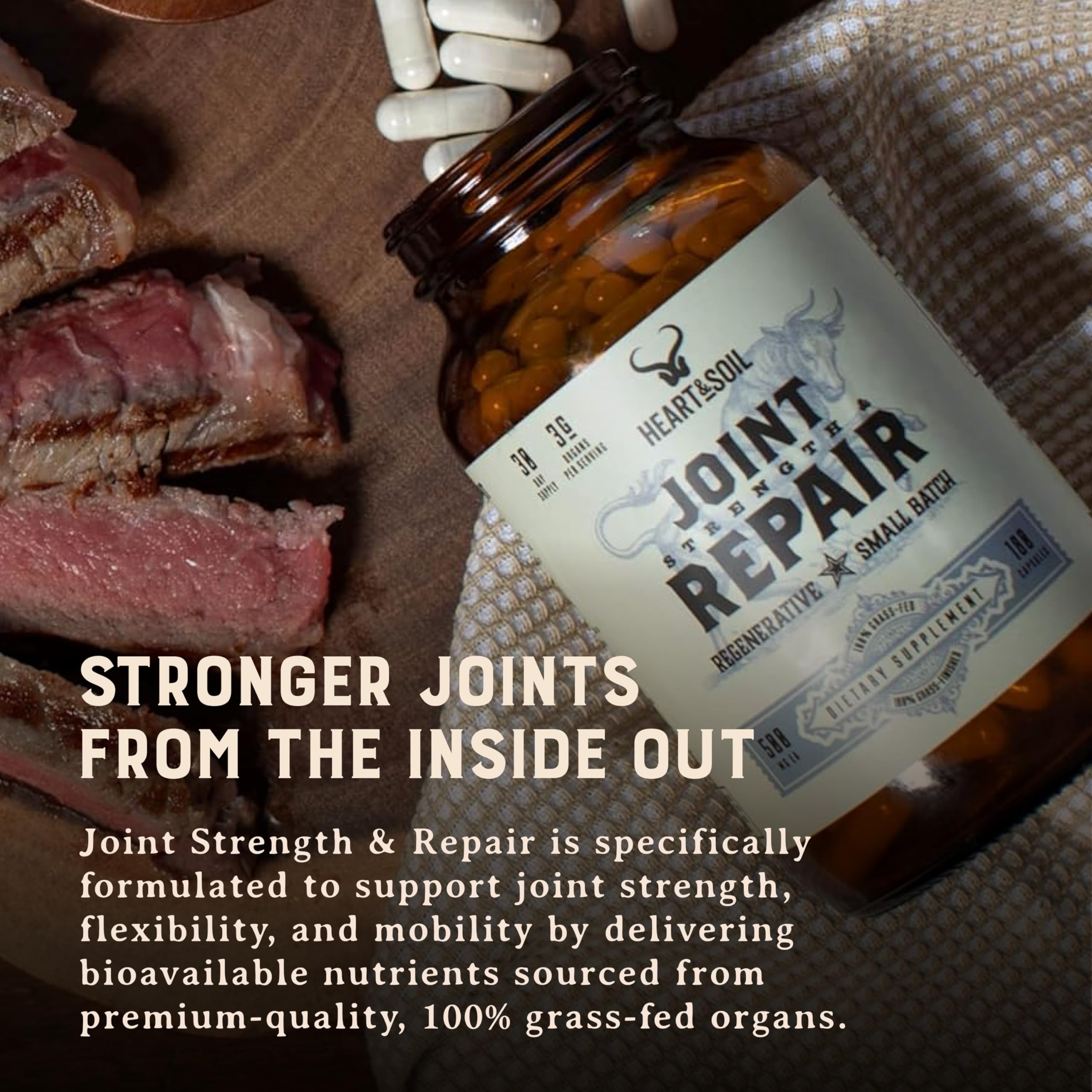 Heart & Soil collagen peptides on label indicating cartilage support