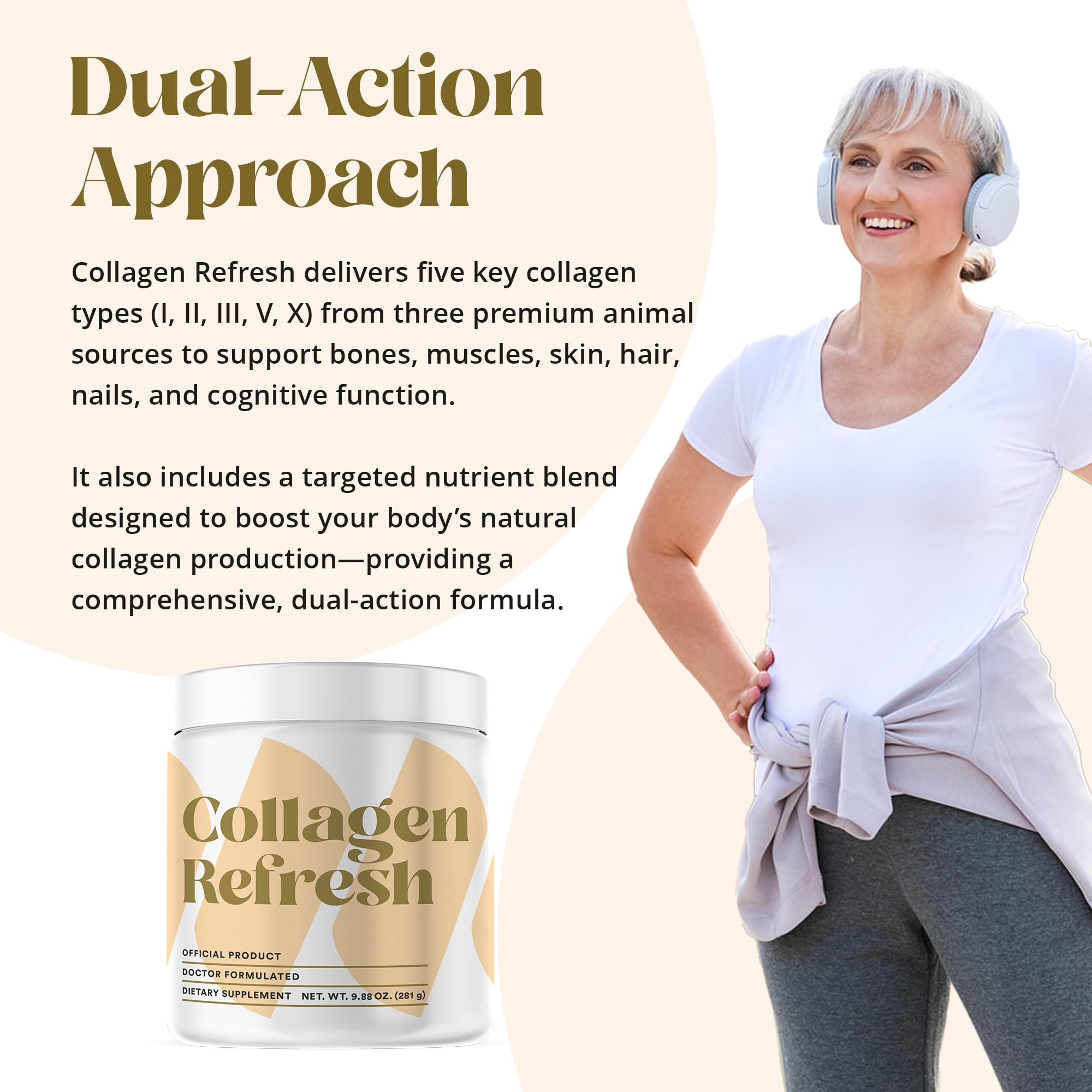 Collagen Refresh joint support shown beside bottle on countertop.